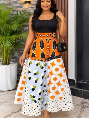Ankara Skirt Women's Orange Graphic Maxi Skirt with Mixed Print